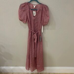 NWT XS Pink chiffon puff sleeve tie waist v neck midi dress